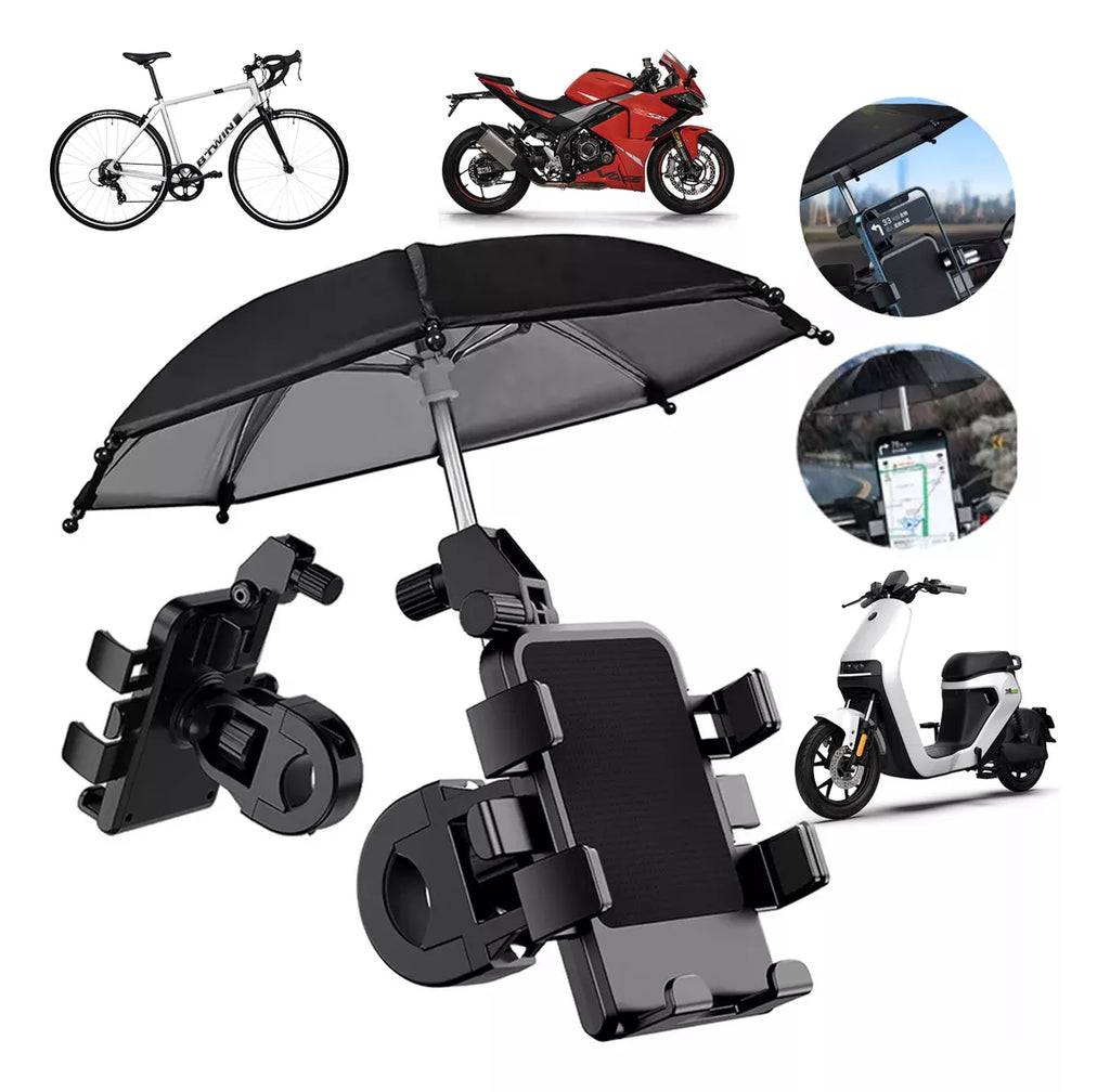 Soporte Porta Celular con Mini Paraguas 🚴‍♂️ Protección Solar y Lluvia, para Moto y Bicicleta. 🌞📱